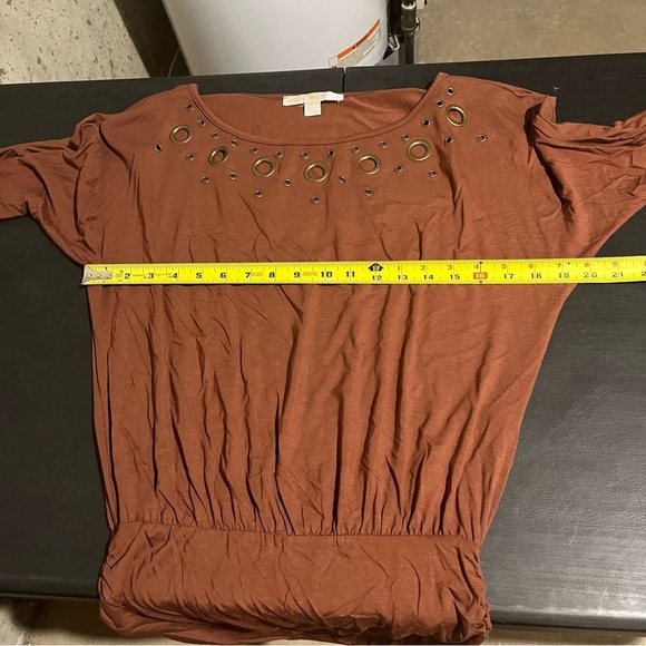 Boston Proper Top Size S Brown Ruched Blouson Elastic Waist Long Sleeves - Picture 7 of 9